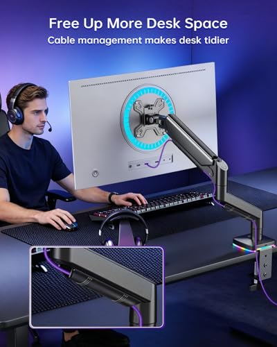 Afaloona Single Monitor Arm with RGB Lighting & 3 USB Ports, Gas Spring Monitor Mount for 13-32 Inch Screens up to 19.8lbs, Desk Mount with Charging & Data Transfer, Full Motion Adjustable — view 6