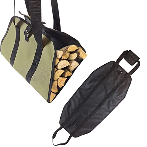 Bolsa de leña de lona, 2 unidades de leña, impermeable, plegable, para chimenea, leña, portátil, cesta de madera, bolsa de transporte (verde ejército) Cover