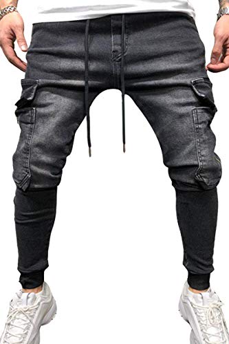 Men's Casual Sport Denim Sweatpants Fashion Tapered Leg Cargo Jogger Jeans Classic Stretch Hipster Slim Fit Elastic Cuffs Jeans Pants with Pockets, Black, XX-Small