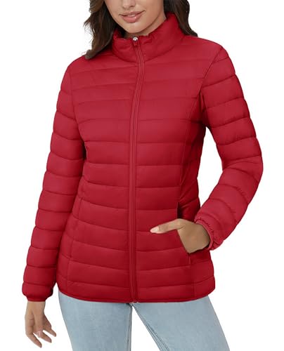 MAGCOMSEN Quilted Puffer Jacket for Women Long Sleeve Lightweight Winter Short Zip-up Coat Stand-Collar Jacket, Tomato Red M