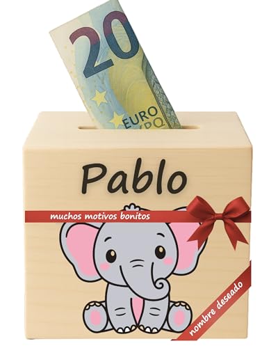 Deschenk Hucha Personalizada De Madera Con Nombre Deseado - Huchas Originales Para Niños Con Muchos Motivos Diferentes (Elefante)