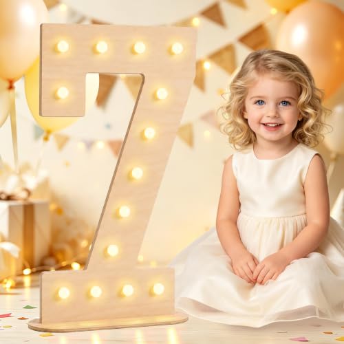 Pooqla 7th Birthday Decorations, 17.3 in Tall Wooden Light Up Numbers 7