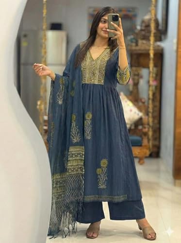 Image of ANNI Designer Women Printed Gathered Kurta Palazzo Dupatta Set Viscose Blend Kurti Suit Ladies Ethnic Wear for Festive Office Casual Use