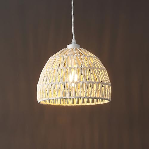 Image of JONATHAN Y 10.25 inch Cream Modern Bohemian Woven Rope LED Pendant Light Fixture, Adjustable Dome Ceiling Lamp for Kitchen Island, Rope Shade, Coastal Farmhouse Decor (JYL6513C)