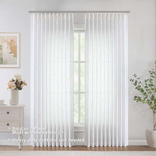 Image of Vision Home White Pinch Pleated Semi Sheer Curtains Textured Light Filtering Window Curtains 102 inch for Living Room Bedroom Patio Rayon Blended Pinch Pleat Drapes with Hooks 1 Panel 60 inch Wx102 L