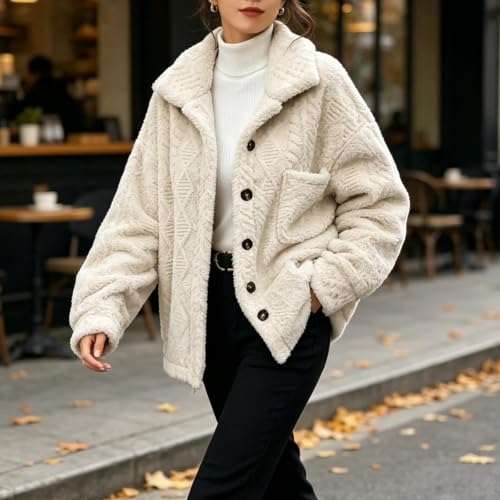 Fleece Jacket for Women Winter Lapel Button Casual Coat with Pockets - image 6