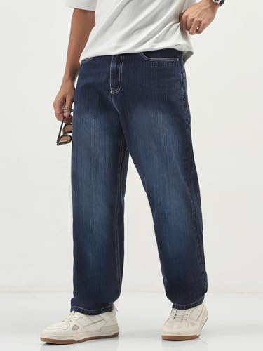 Image of Urbano Fashion Men's Loose Baggy Fit Washed Denim Jeans Non-Stretchable