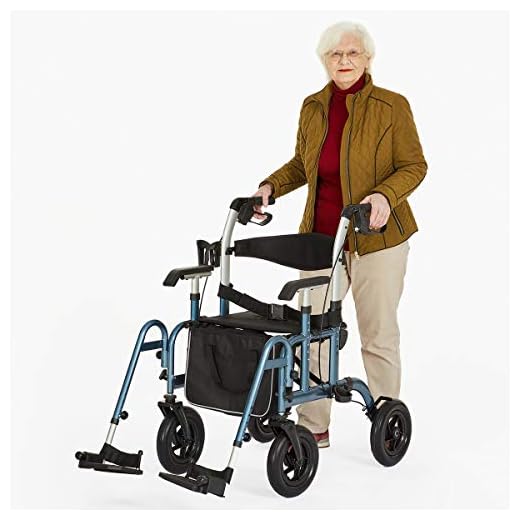Health Line Massage Products Safety 2 in 1 Rollator-Transport Chair, with 10 Inch Big Wheels, Adjustable Paded Armrest and Safety Belt, Mobility Rolling Walker for Senior, Elderly & Handicap, Blue