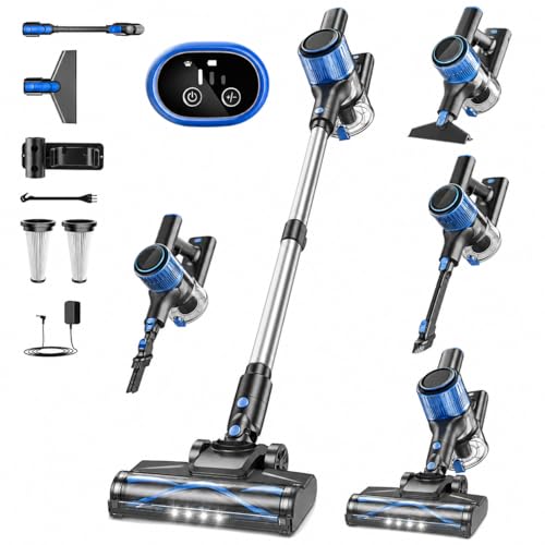 VOKENE Cordless Vacuum Cleaner, 8 in 1 Powerful Suction Lightweight Vacuum Cleaner for Home, LED Display, 3 Suction Modes, 45Mins Detachable Battery Vacuum for Hard Floor Carpet Pet Hair (Blue)
