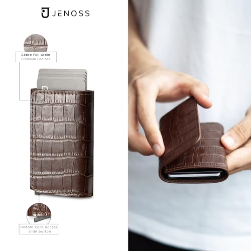 Image of Jenoss Smart Wallet For Men: Full Grain Leather, Handcrafted, Slide Metal Pop Up Case, Slim RFID Blocking Credit Card Holder, Minimalist, Compact, 6-8 Cards Organizers, Front Pocket, Clip (Burgandy)