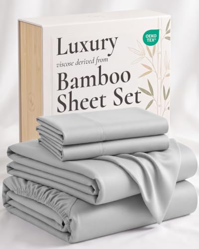 Image of Hotel Sheets Direct 4 Piece Bed Sheet Set King Size, 100% Viscose Derived from Bamboo Sheets Set with 2 Pillowcases, Cooling & Breathable Luxury Bedding, Moisture-Wicking & Silky Soft Texture, Gray