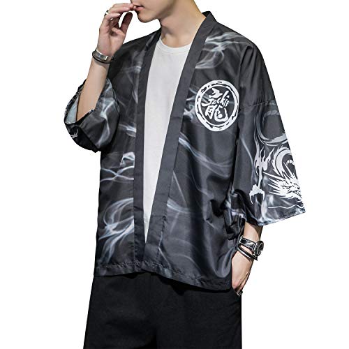 Image of Men's Japanese Kimono Robe Jacket Lightweight 3 /4 Sleeve Open Front Yukata | Silky Smooth Fashion Print Happi Coat Lightweight Breathable Loose Unisex Haori Casual Summer Cardigan Daily Beach Vacation