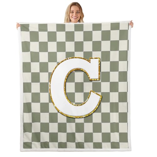 Image of Erosebridal Sage Green Checkered Sherpa Blanket Plaid Initial C Fuzzy Plush Throw Personalized Monogram Fleece Blanket for Kids Boys Girls,Fashion Grids Gingham Decor for Bed Couch 40 inchx50 inch