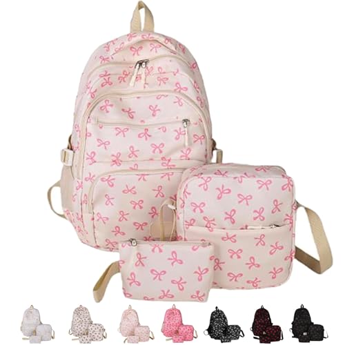 Blue Bow Backpack, Cute Backpacks Set Large Capacity, With Bow Pattern, Reinforced Durable, Two-Way Pull Head (Pink)