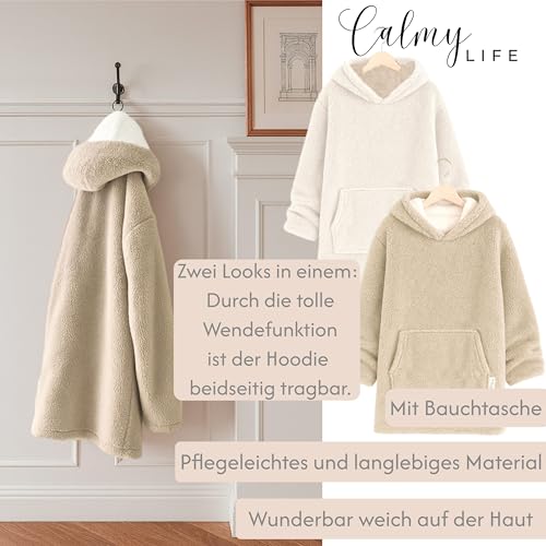 CalmyLIFE Hoodie Decke mit Ärmeln - Sherpa Wende Deckenpullover Oversize Kuscheldecke zum anziehen Kuschelponcho für Damen Herren XXL Poncho Blanket Pullover (Beige/Weiss)