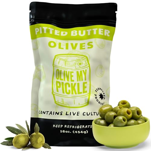Olive My Pickle Green Olives Pitted Butter 16 oz | 1 Pack Bundle of Healthy Live Culture Castelvetrano Olives Pitted for Gut Health | Perfect Olive Snack Packs for Paleo Diets & More - 16oz per bag