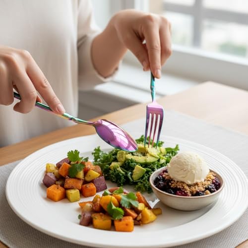 Image of 24 Pcs Rainbow Slim Handle Stainless Steel Cutlery Set for Dining Table with Spoons and Forks Set + Butterknives - The Perfect Tableware /Flatware
