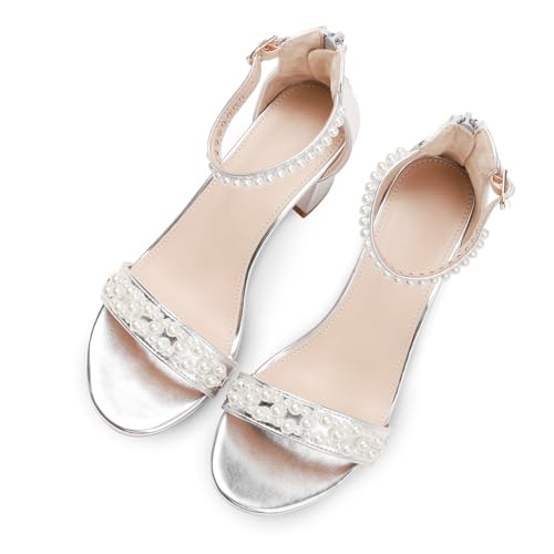 Image of Women's Heels Sandals for Women Open Toe Fashion Pearls Platform Heeled Sandals Ankle Strap Block Chunky Low Heel Pump Sandal Party Wedding Dress Shoe