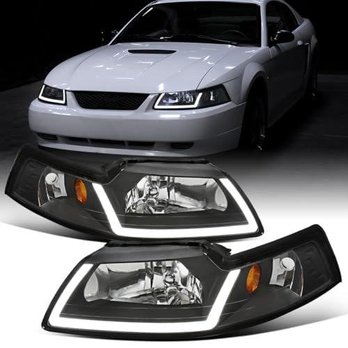 Ronnin - Fits 1999-2004 Ford Mustang Upgraded LED Running Tube Lights Headlights Replacement Assembly | Black