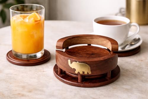 Image of Wooden Handmade Tea Coasters Set of 6, Coasters for Cups Set of 6, Tea Cup Holder Table, with Elephant Brass Work, Coffee Wooden Coaster Set Cup Wooden Stand Coaster