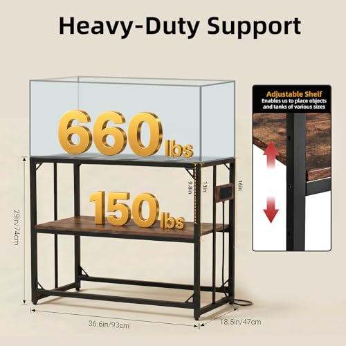 Image of 40 Gallon Tank Stand with Power Outlets - Heavy Duty Metal Fish Tank Stands for Turtle Reptile Terrarium, 2-Tier Aquarium Stand with Adjustable Wood Storage Shelf, 660LBS Capacity (Rustic Brown, 36.6 inchx18.5 inchx29 inch)