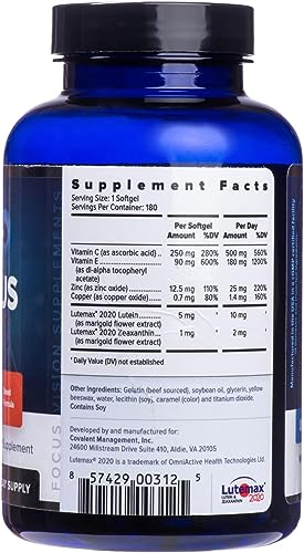 Image of Focus Select AREDS2-Based Eye Vitamin Supplement with Low-Zinc, 360 Count | Lutein and zeaxanthin vision supplement for macular support, doctor-developed, safe for smokers, made in USA, 180-day supply