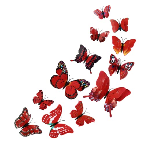 TENNOLA Butterfly Wall Decals Removable 3D Butterflies Sticker with Magnets for Home Bedroom Kids Room Decor (Red, 12PCS)
