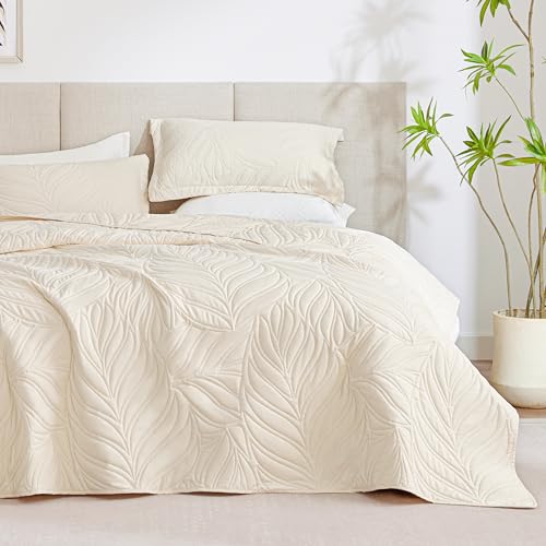 EXQ Home Quilt Set King Size Beige 3 Piece,Lightweight Soft Coverlet Modern Style Leaf Pattern Bedspread Set(1 Quilt,2 Pillow Shams)
