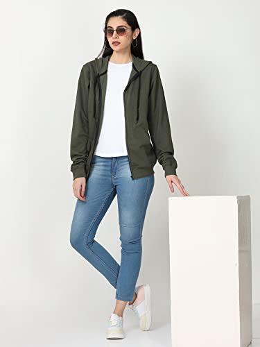 Image of Wafaa Women's Cotton Plain Hooded Neck Full Zipper Sweatshirt Hoodies with Kangaroo Pocket