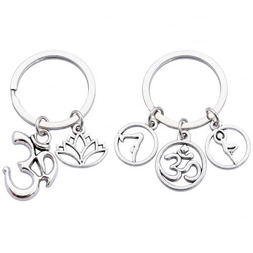 PYNASA Yoga Keychain Set, 2 Silver-Tone Om & Lotus Charm Key Rings