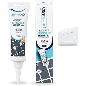 PentaUSA Tile Grout – Large Grout Filler Repairs Renews Tube, Fast Drying Grout Repair Kit, Odorless Formula – Grout Floater Included – 13.4oz / 380gr (White)