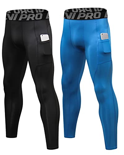 LNJLVI 2 Pack Men's Compression Pants with Phone Pockets Base Layer Tights Workout Running Leggings (Black-Blue Medium)