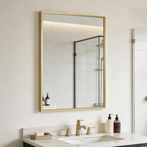 Image of Bathroom Mirror for Wall, 30x20 Inch Framed Vanity Mirror Brushed Gold
