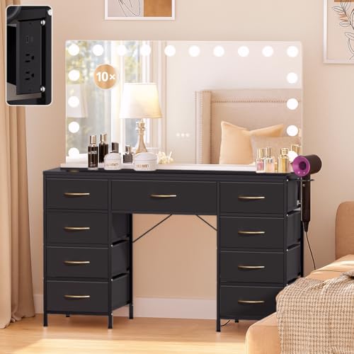 COMHOMA Vanity Desk with Large Mirror,15 LED Bulbs and Power