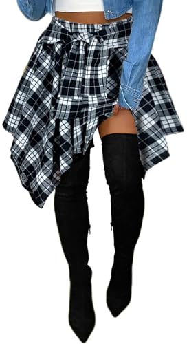 Womens Plaid Skirts Elastic High Waist Tie Front Asymmetrical Hem Pleated Mini Skirt