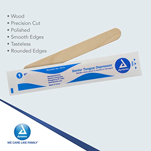 dynarex tongue depressors sterile 634 senior-sized length made from beige birch wood comes in peel-down patches 1 box of 100
