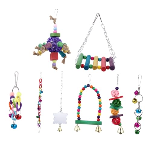 SEWOART 8Pcs Colorful Parrot Natural Bird Swing Hanging Hammock Bell Mirror for Budgies Parakeets Cockatiels and Conures
