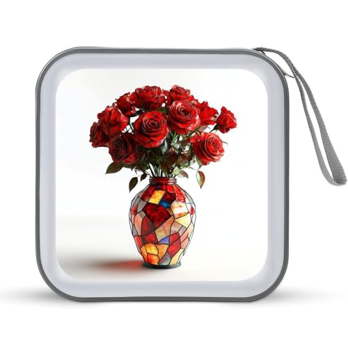 Stained Glass Red Roses Bouquet in Vase CD Case DVD Storage Case Portable