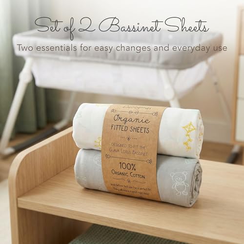 Image of 100% Organic Cotton Bassinet Sheets for Guava Lotus Bassinet, 2 Pack - Breathable Soft Fitted Bassinet Sheets for Baby & Newborn, Unisex (Day and Night)