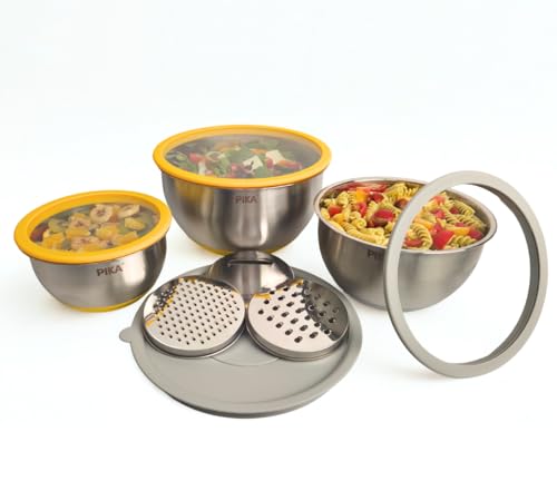 Pika | Lot de 3 Bols en Inox avec Couvercles en Verre + 3 râpes intégrées | Cul de poule inox 4 en 1 |Empilables | Idéal Repas, Pique-Nique, Préparation