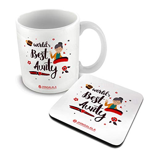 Jhingalala World's Best Aunty Printed Ceramic Coffee Mug 325ml with Coaster | Birthday Gift for Aunty, Chachi