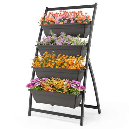 HOMASIS Fioriera Verticale da Esterno a 4 Vasi, Orto Rialzato con Gradini e Struttura in Metallo, Scaffale Scala Leggera per Fiori, Erbe, Verdure (Nero e Marrone, 66 x 50,5 x 124 cm)