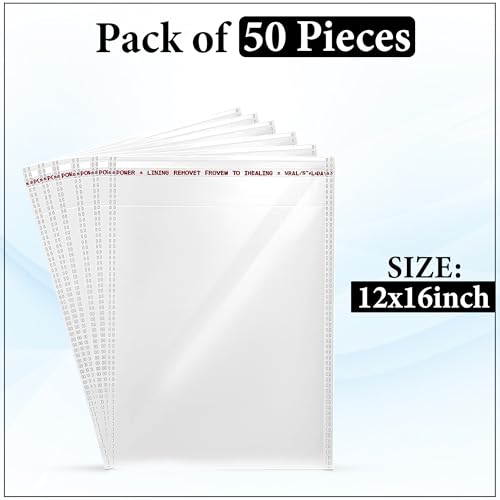 Image of GLUN Transparent BOPP Packing Bags with Sealing Tape Flap, Pack of 50 Pieces Size 12x16 Inch, Strong Heavy-Duty Industrial Grade Shipping Packaging Bags