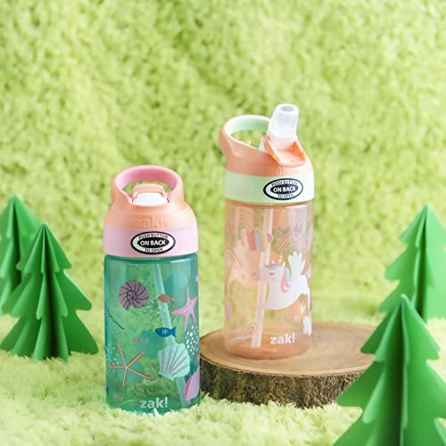 Image of Zak Designs 16oz Riverside Kids Water Bottle with Spout Cover and Built-in Carrying Loop, Made of Durable Plastic, Leak-Proof Water Bottle Design for Travel (Unicorn & Shells, Pack of 2)