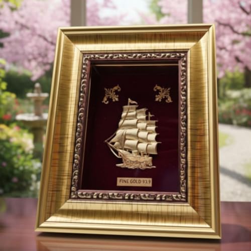 Image of PARASMONI Gold Sailing Ship Statue Feng Shui Decor for Fortune, Wealth and Prosperity - Decorative Gold Wealth Sailing Boat Decor for Office and Home - Corner Living Room Nautical Decoration