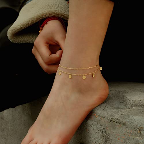 Ascomy 14K Gold Plated Ankle Bracelets For Women Tiny Cute Two Layered Disc Link Cable Chain Anklet Dainty Simple Anklets For Teen Girls Minimalist Summer Beach Foot Chain Gold Anklet Jewelry Gifts #TOP1