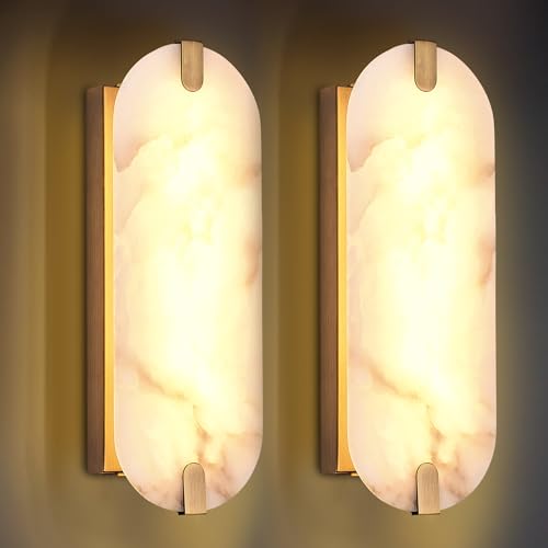 DLUCE 14.17in Alabaster Wall Sconces Natural Marble Wall Light Set of Two Modern LED Alabaster Sconces for Living Room Indoor Wall Lamps for Dining Room Stairs Bedroom Brushed Gold
