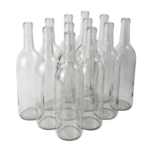 FastRack - 750 ml Clear Glass Bottles Wine Bottles (Pack of 12) | NO CORKS INCLUDED | Clear Bordeaux Flint Flat-Bottomed Cork Top Bottle for Wine Making | Case of 12