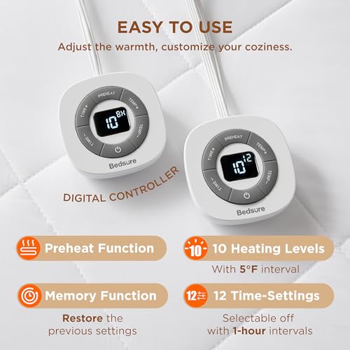 Bedsure BS-HMQU-2 Removable Heated Mattress Pad Queen - Waterproof Bed Warmer With Memory & Preheat Function, 12-Hour Timer & 10 Heat Settings With Dual Controller, Auto-Off, Electric Mattress Pad Queen 60 Inchx80 Inch thumb #2