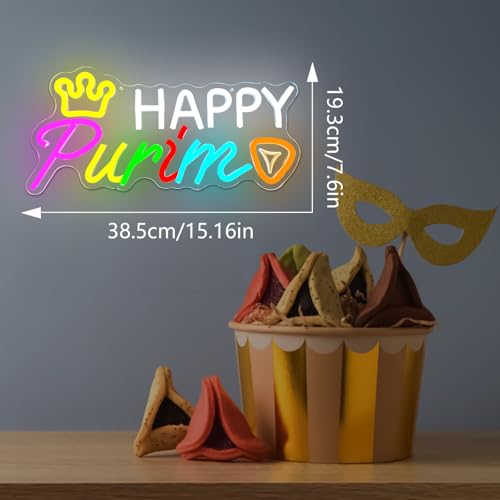 Image of Happy Purim Neon Sign Purim Neon Signs for Wall Decor Dimmable Purim Decorations Led Sign Jewish Carnival Party Hanging Neon Lights for Kids